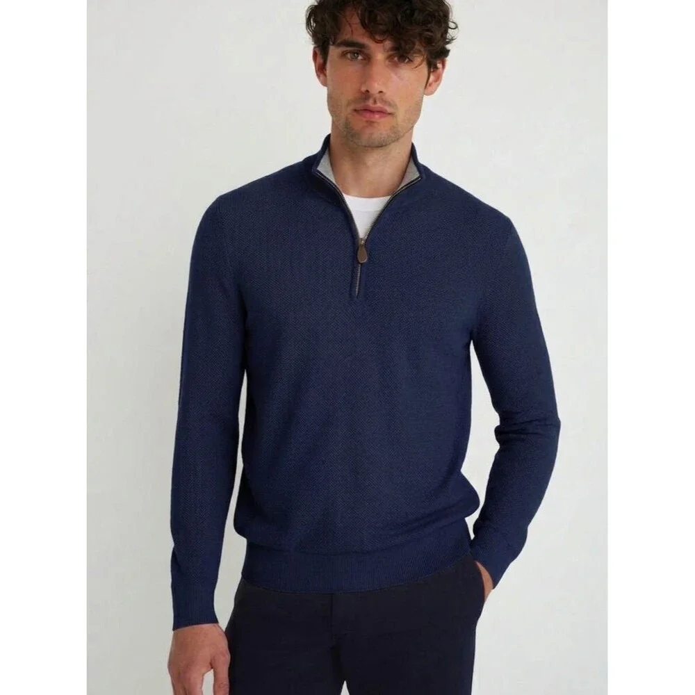 BLOOMINGDALES Sweater Mens Small Navy Quarter Zip Pullover 100% Cotton $118